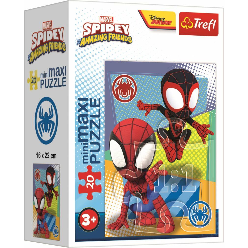 Scatola puzzle con figure di Spidey. Logo Marvel, Spidey e Trefl. 20 pezzi, 16x22 cm. Età: 3+.