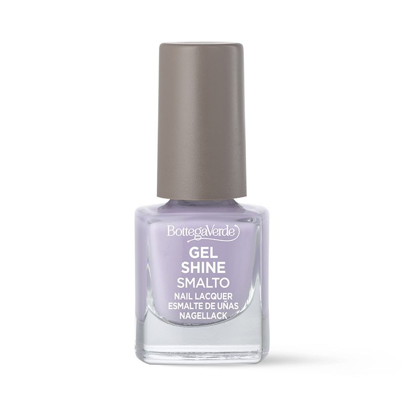 Flacone smalto Bottega Verde Gel Shine. Contenuto lilla, tappo grigio. Scritta: Gel Shine Smalto.