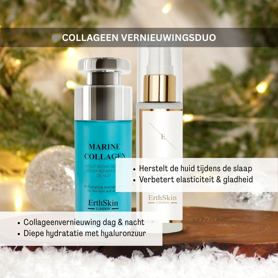 Duo rigenerante al collagene ErthSkin London: Siero riparatore notturno al collagene marino e siero elisir acido ialuronico + collagene.