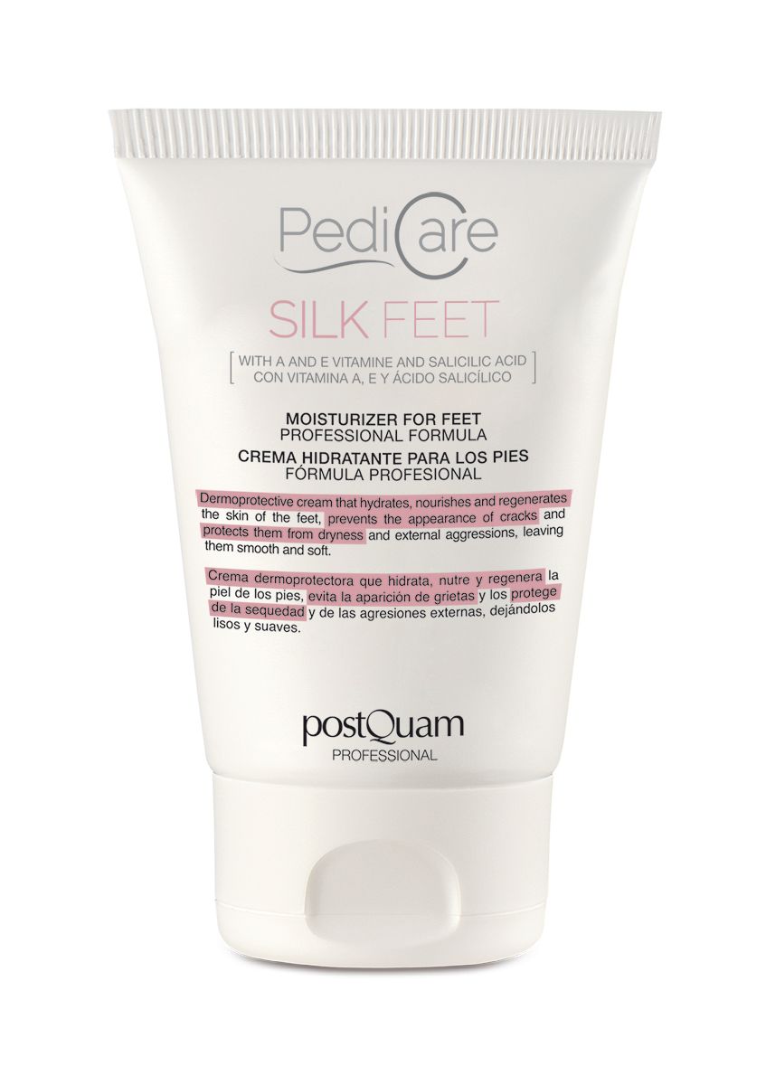 Tubo bianco 'PediCare Silk Feet'. Testo inglese e spagnolo. Logo 'Postquam' in basso.