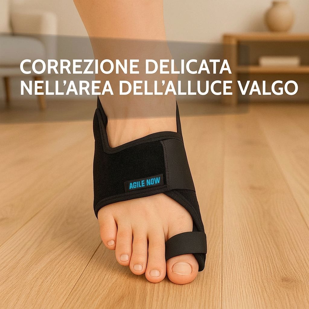 Piede con tutore Hallux Valgus nero. Testo: AGILE NOW. Correzione delicata nell'area dell'alluce valgo.