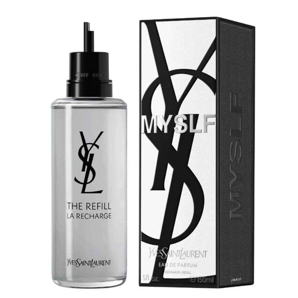 Flacone di ricarica e confezione. Flacone con tappo nero e logo. Confezione con logo e scritta MYSLF. Eau de Parfum.