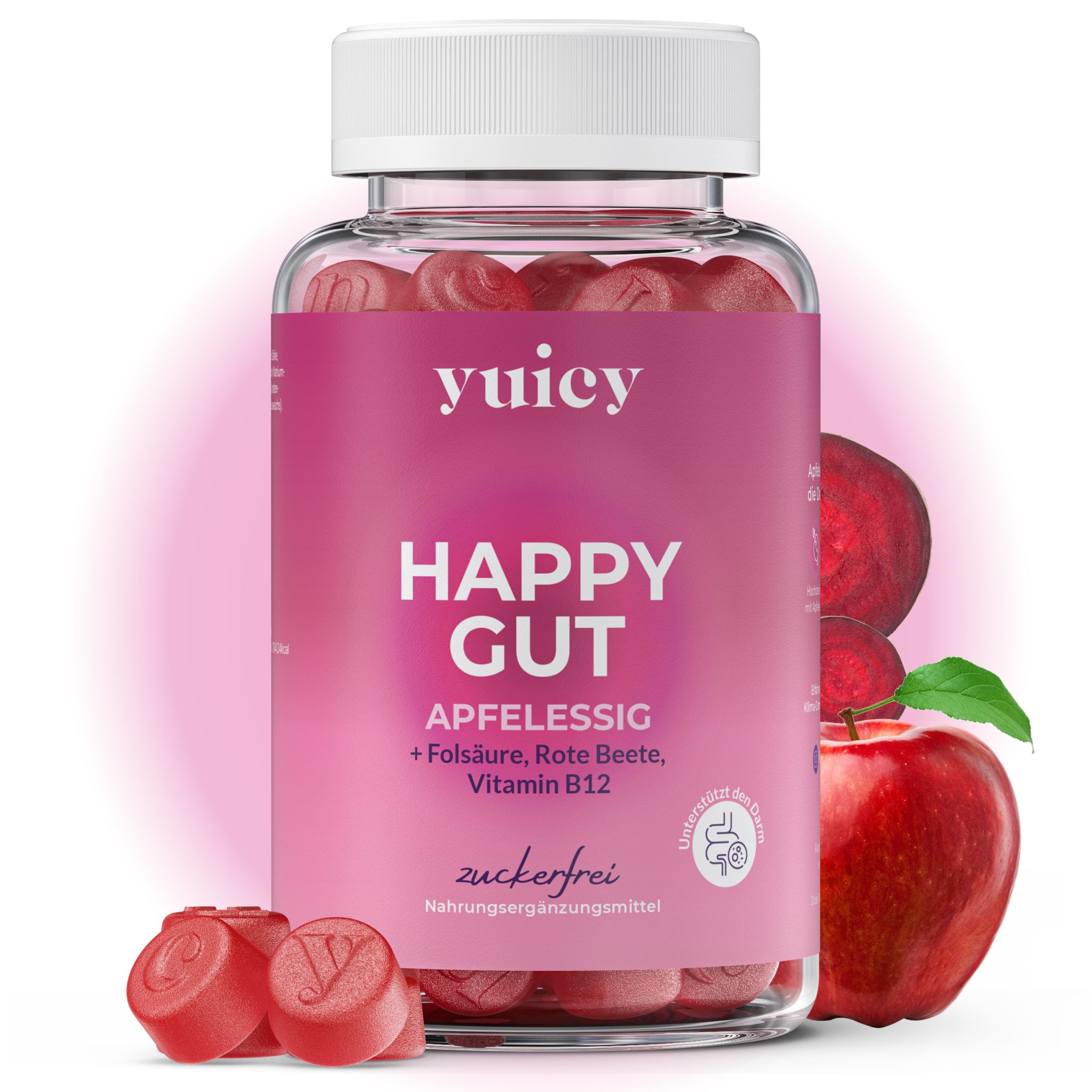 Flacone di yuicy® Happy Gut Gummies. Gommosi rosse, mela e barbabietola. Scritta: aceto di mele, acido folico, vitamina B12, senza zucchero.
