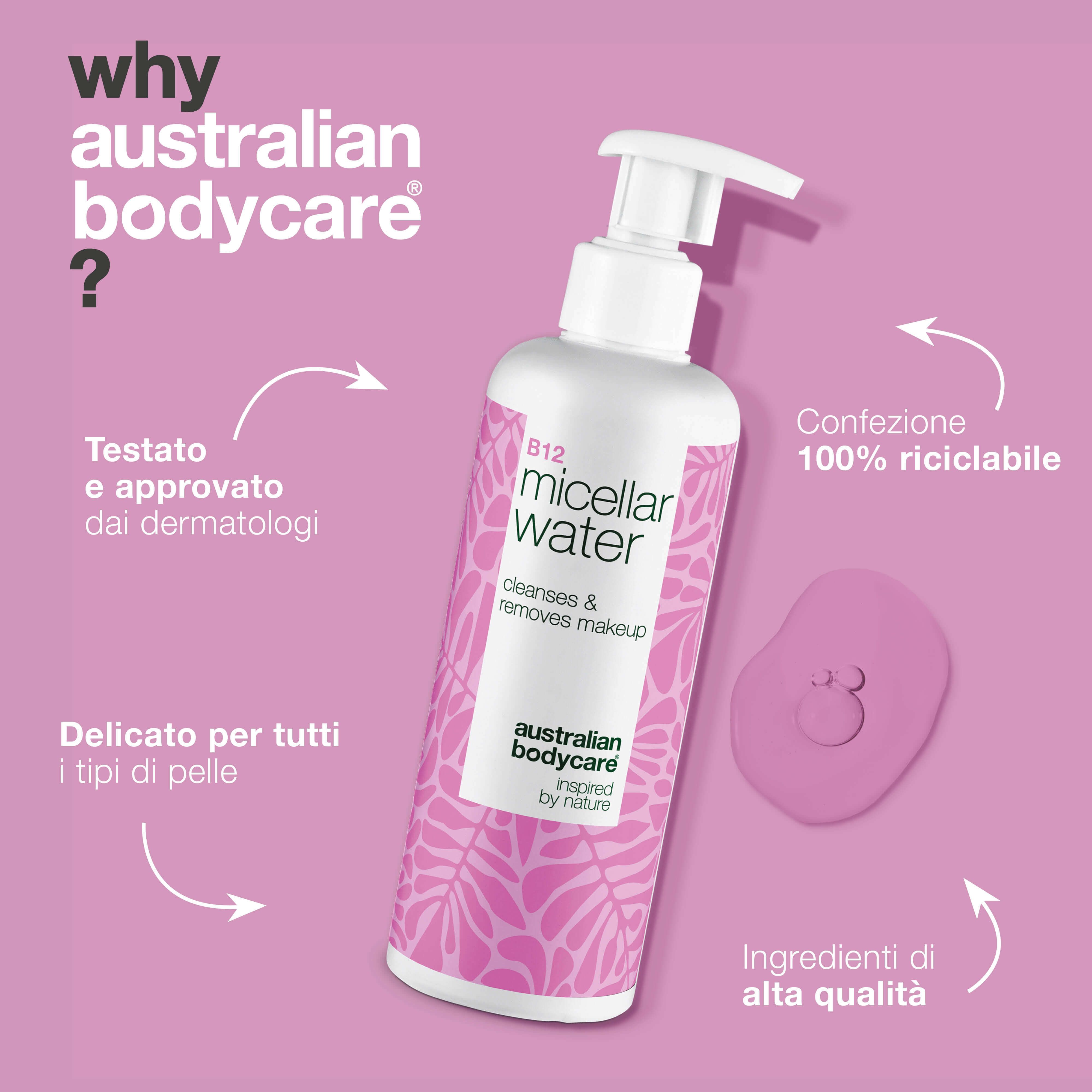 Flacone B12 Micellar Water. Testo: Testato dermatologicamente, tutti i tipi di pelle, confezione riciclabile. Marca.