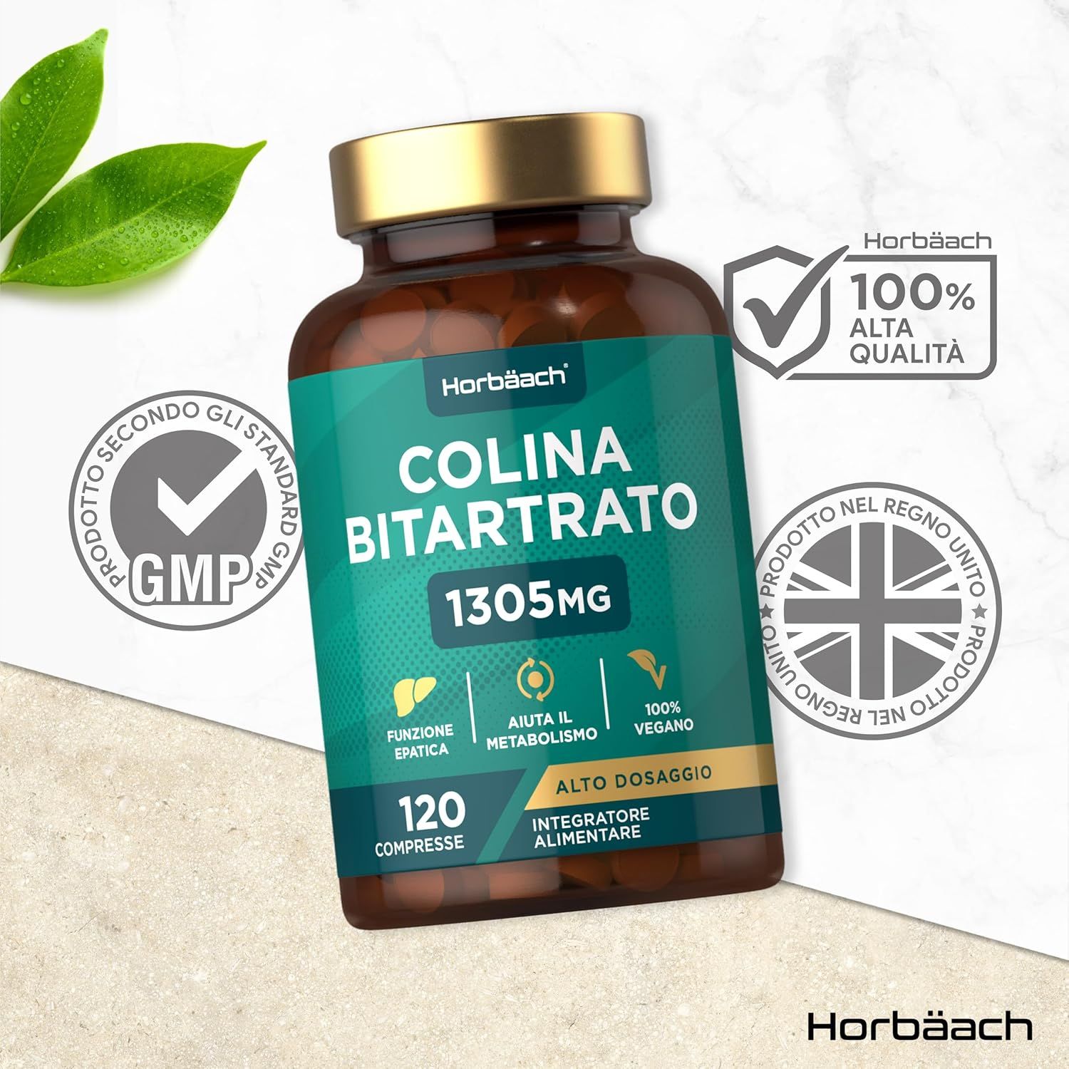 Flacone marrone con testo verde. Colina Bitartrato compresse. 120 compresse, 1305mg. Certificato GMP. Alta qualità.
