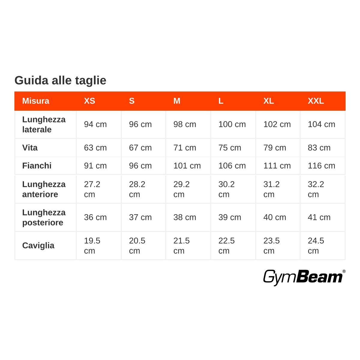 Tabella taglie pantaloni da jogging donna in cm: misura, lunghezza laterale, vita, fianchi, cavallo e polsino.