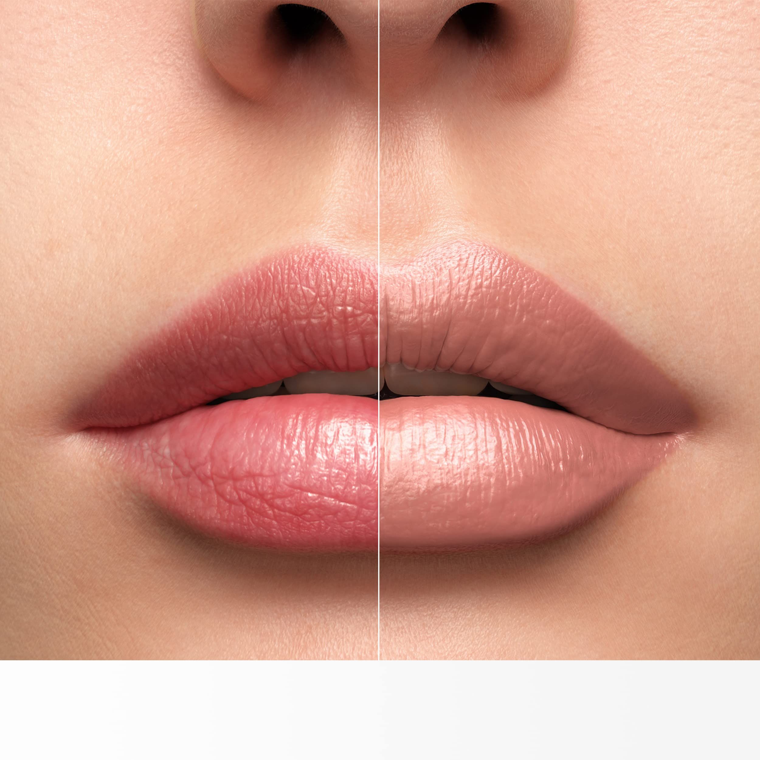 Primo piano delle labbra. Una metà con rossetto, l'altra senza. Confronto dei colori.
