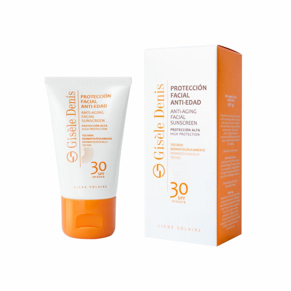 Tubo e scatola Gisele Denis, protezione solare viso anti-età SPF 30. Confezione bianca, dettagli arancioni.