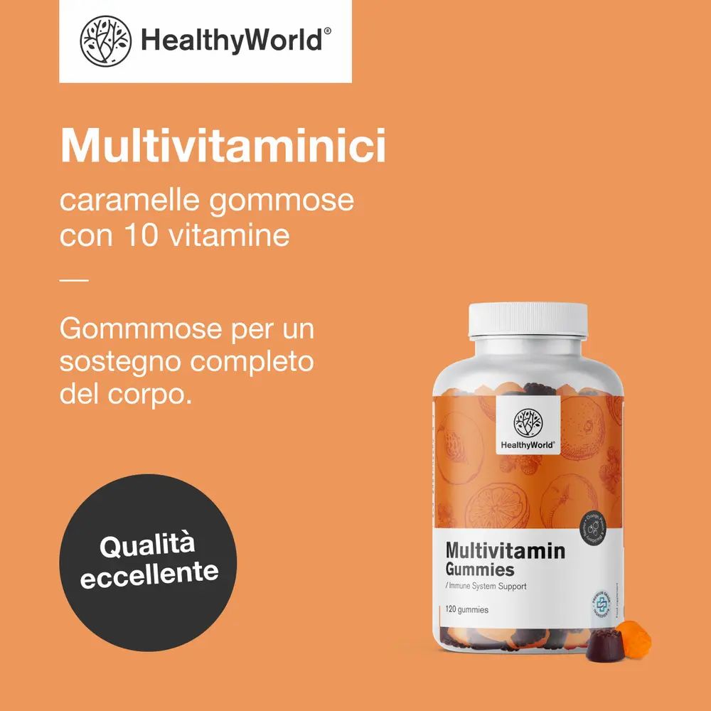 Fette d'arancia. Logo e flacone di caramelle gommose multivitaminiche. Testo: Multivitaminici caramelle gommose.