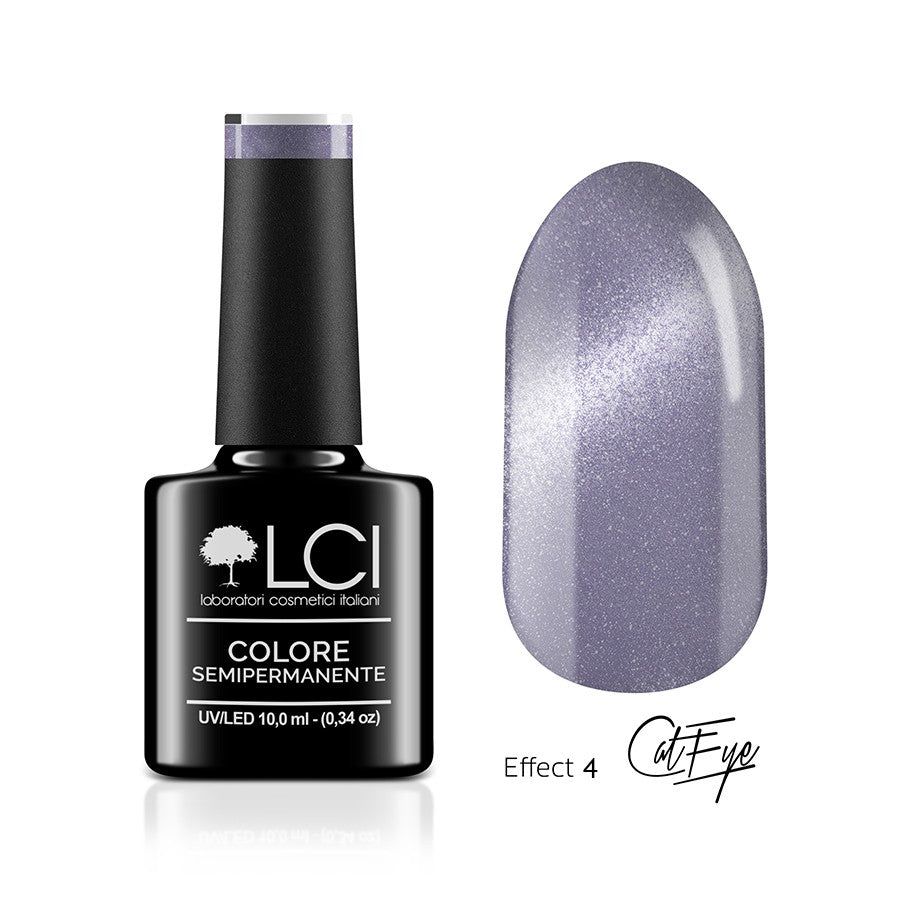 Flacone di smalto con campione colore. Scritta: LCI, Colore Semipermanente, UVLED. Tonalità: CAT 11, Effetto 4 Cat Eye.