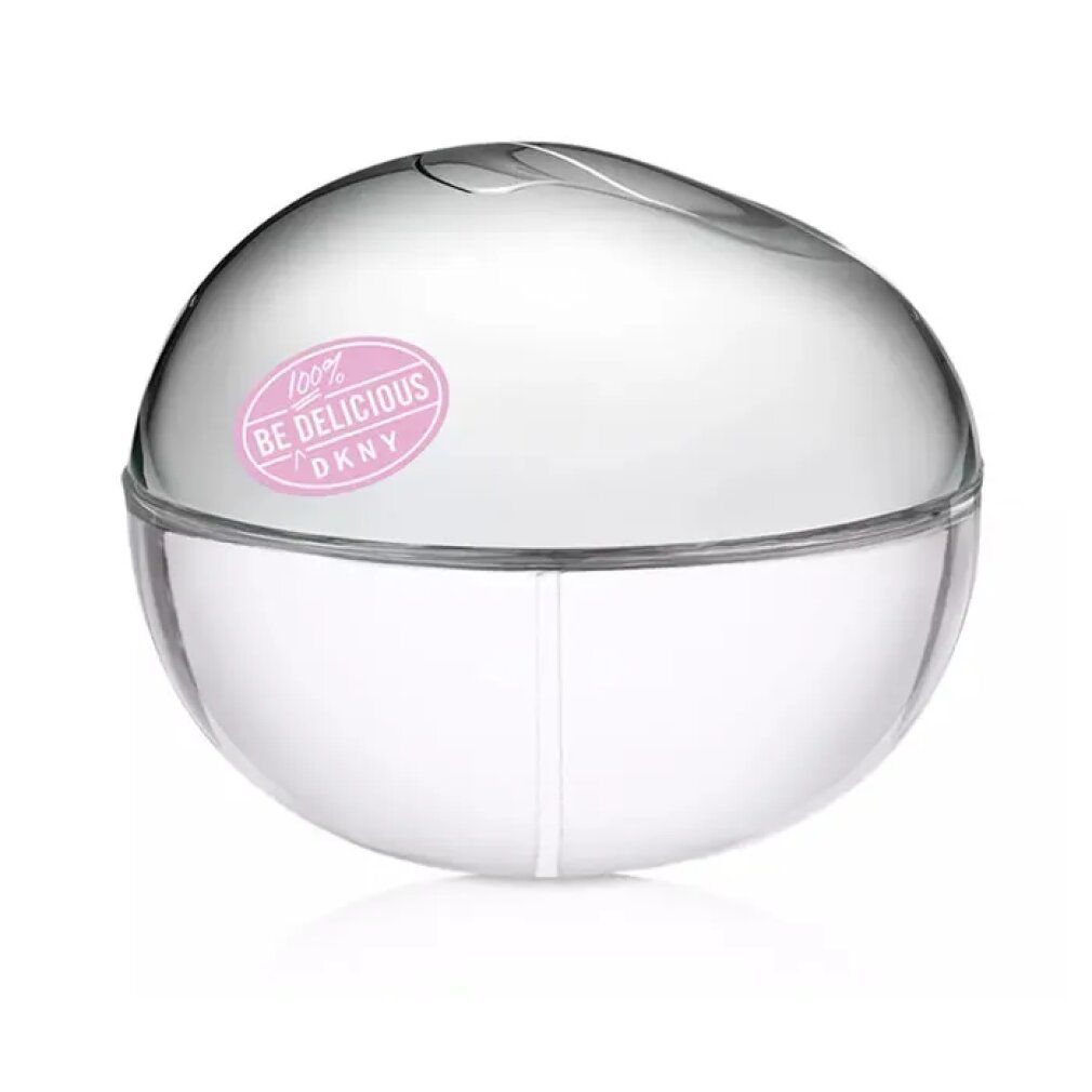 Flacone rotondo trasparente con tappo argentato. Adesivo rosa con "BE DELICIOUS" e "DKNY".