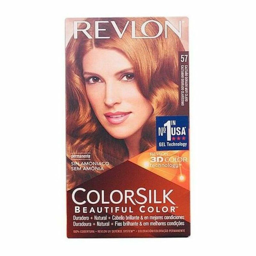 Confezione di tinta per capelli Revlon Colorsilk 57 Lightest Golden Brown. Donna con capelli castano dorato. Testo: permanente, senza ammoniaca, #1 USA.