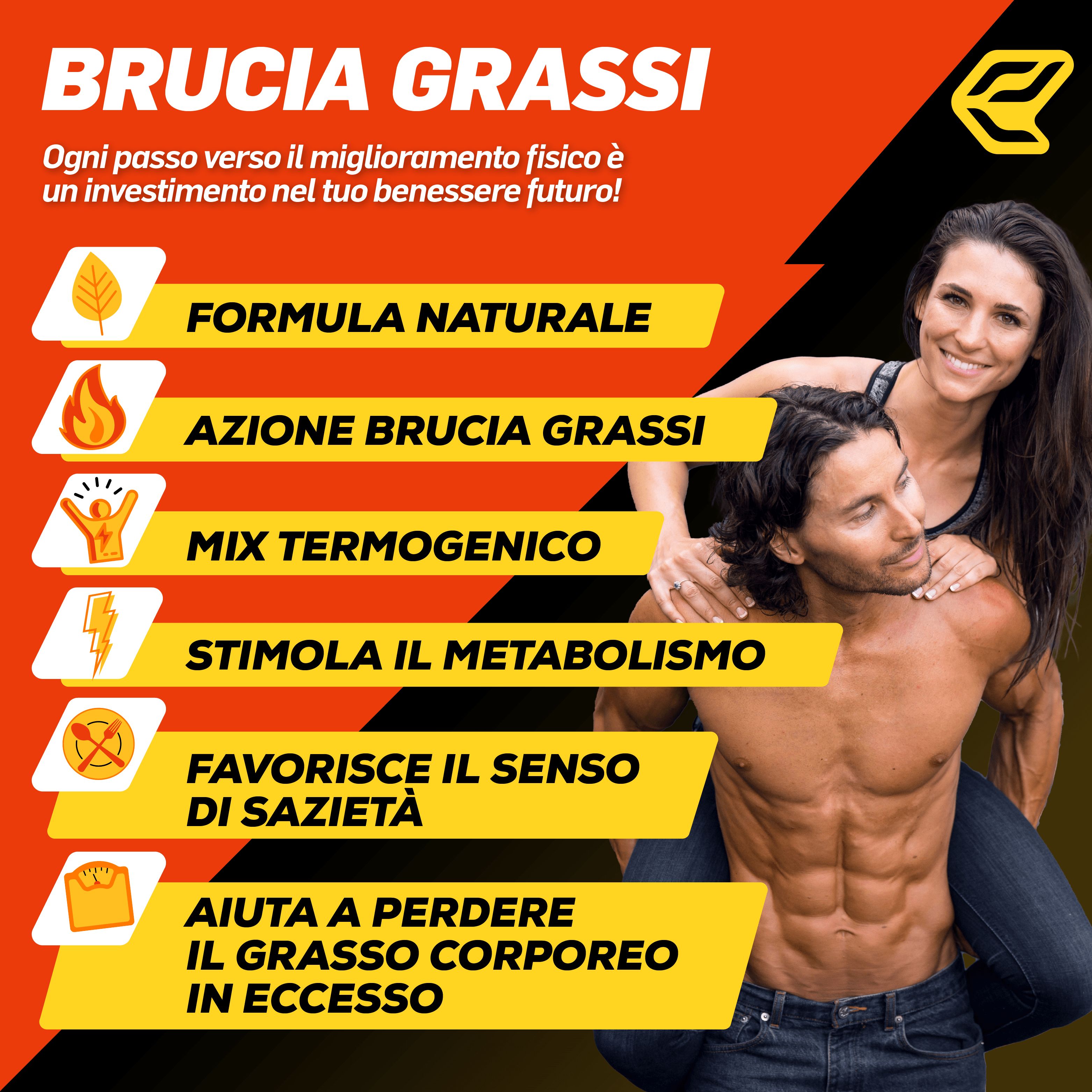 Immagine pubblicitaria con uomo e donna. Barre gialle con testo: Formula, azione brucia grassi, mix termogenico, metabolismo, sazietà, perdita di grasso.