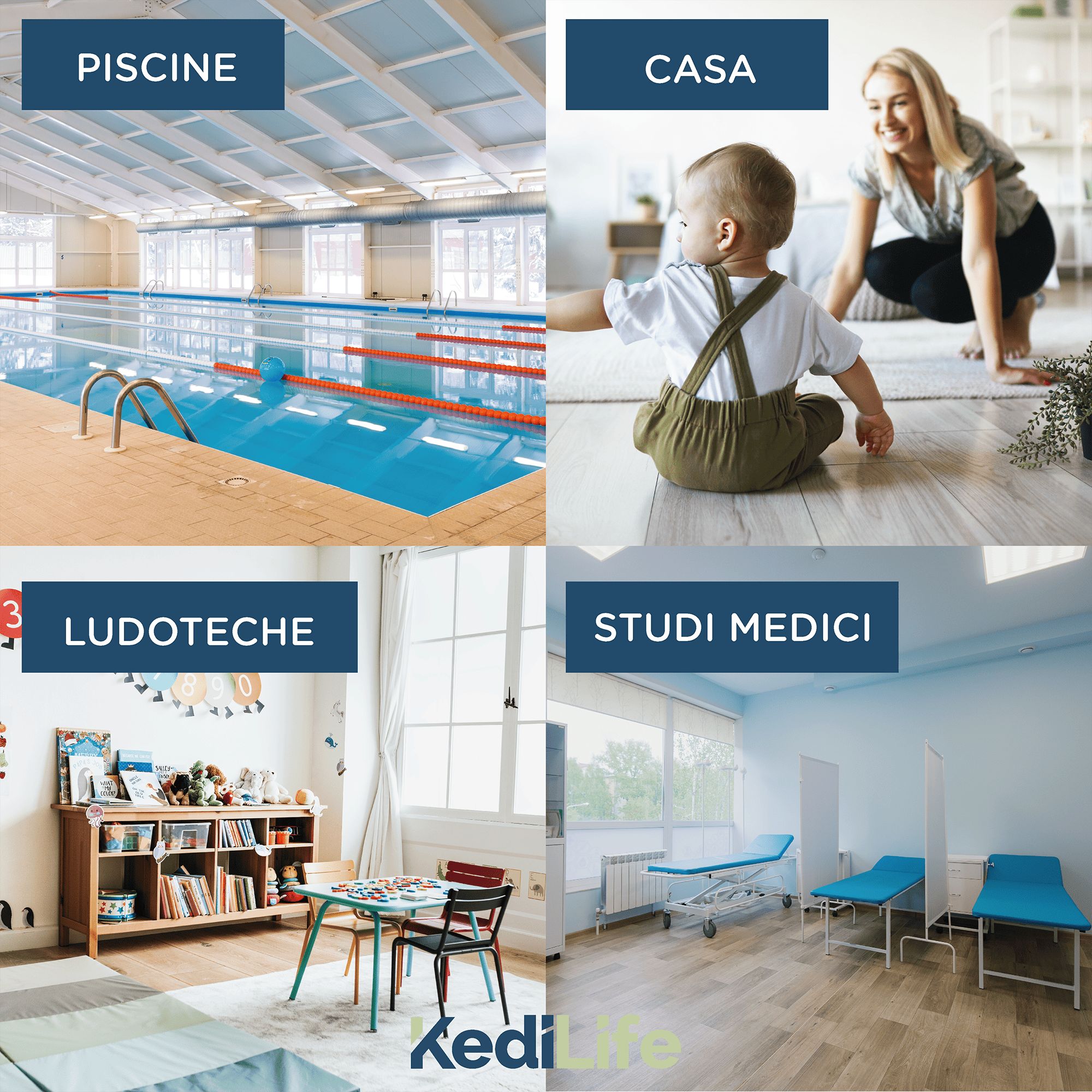 Quattro immagini: piscina, casa, ludoteca, studi medici. Logo KediLife in basso.