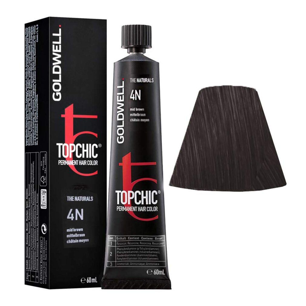 Goldwell Topchic 4-n. Scatola e tubo neri con informazioni sul prodotto e campione di colore. Scritta: 4N, marrone medio.