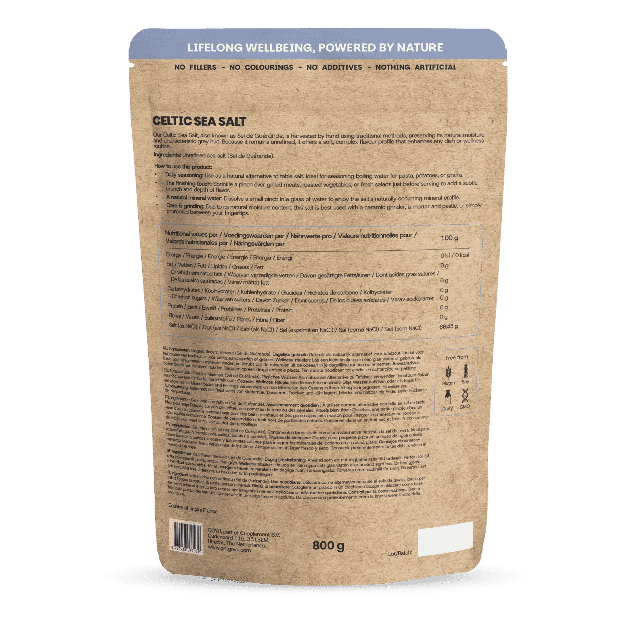 Retro di una confezione da 800g di sale marino celtico GOYU con informazioni nutrizionali e certificazioni.