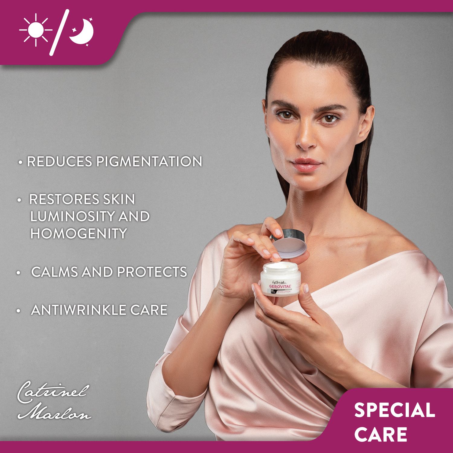 Donna che tiene un vasetto di crema. Scritta: Gerovital H3 Evolution, Corrector Pete Pigmentare, Whitening Cream, Dark Spots Corrector.