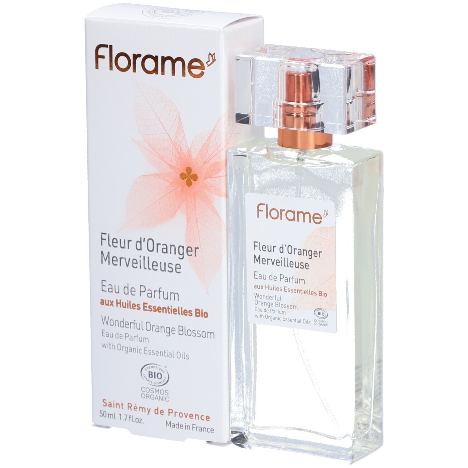 Flacone di profumo Florame con confezione. Scritta: Fleur d'Oranger Merveilleuse, Eau de Parfum aux Huiles Essentielles Bio.