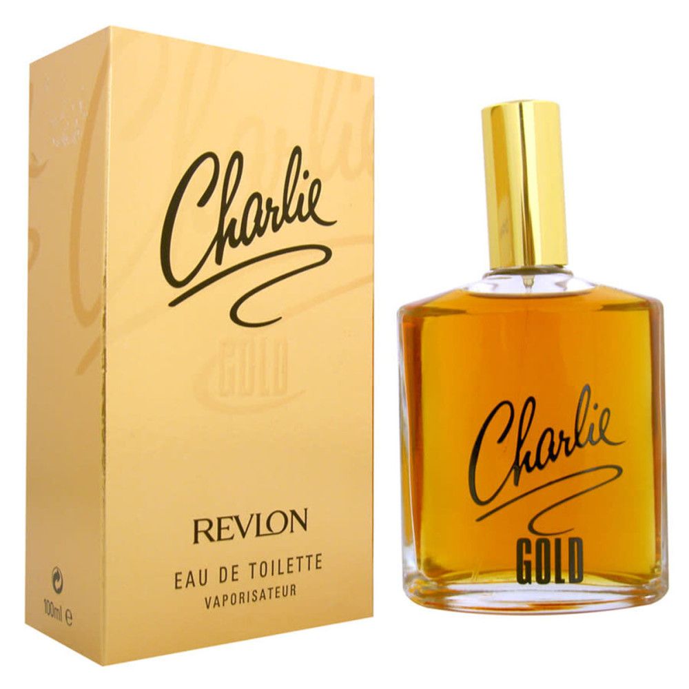 Flacone e scatola dorati. Scritta "Charlie Gold" e "Revlon". Eau de Toilette.