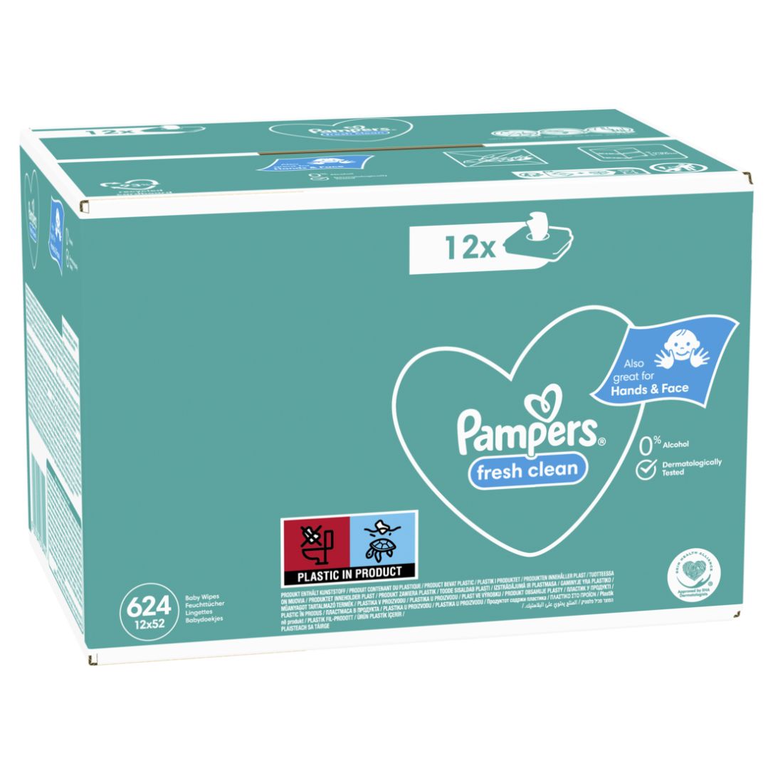 Scatola di 12 confezioni di salviette Pampers Fresh Clean. Scritte: Pampers, Fresh Clean, 0% alcool, dermatologicamente testato.