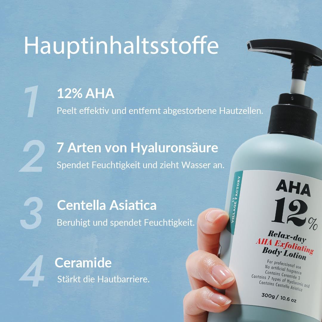 Mano che tiene il flacone di lozione corpo AHA 12% Relax-day. Ingredienti chiave: 12% AHA, acido ialuronico, Centella Asiatica, ceramidi.