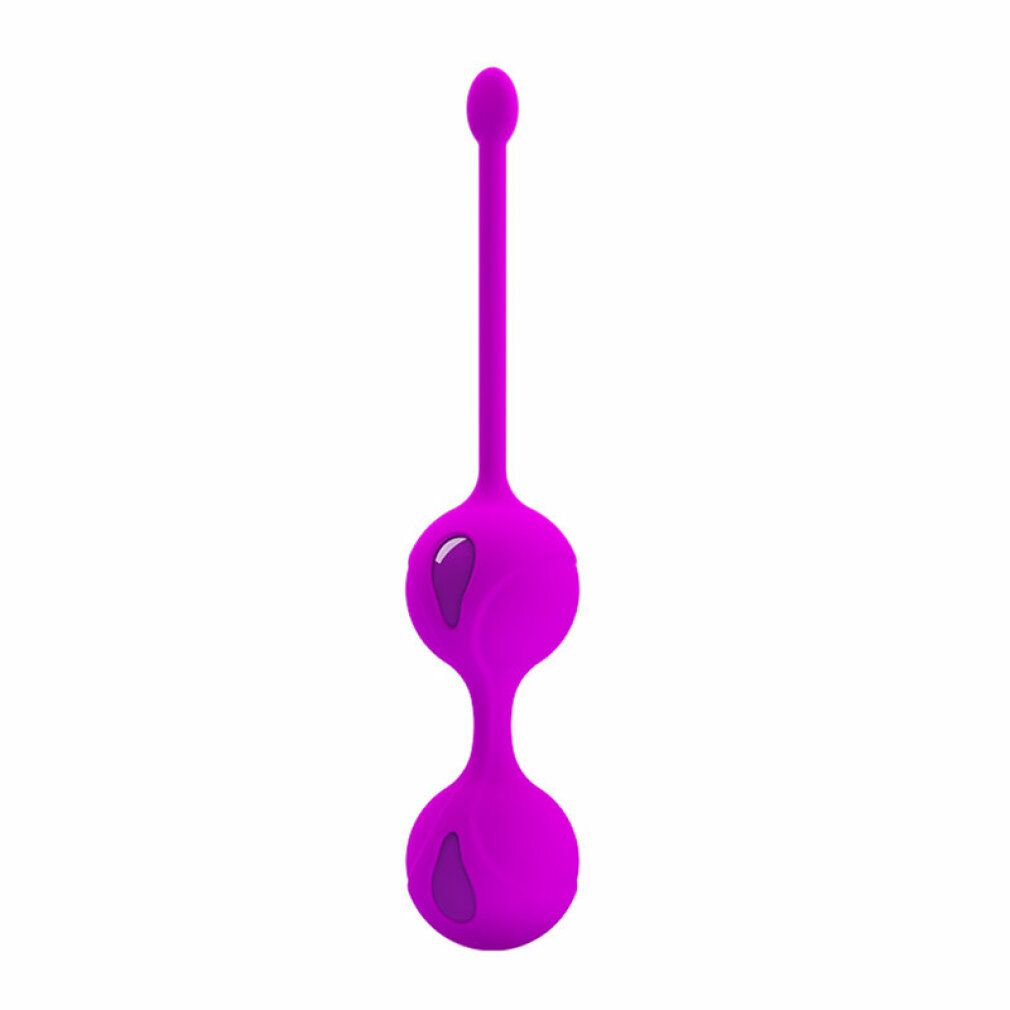 Due sfere di Kegel viola collegate da un'asta. In silicone.