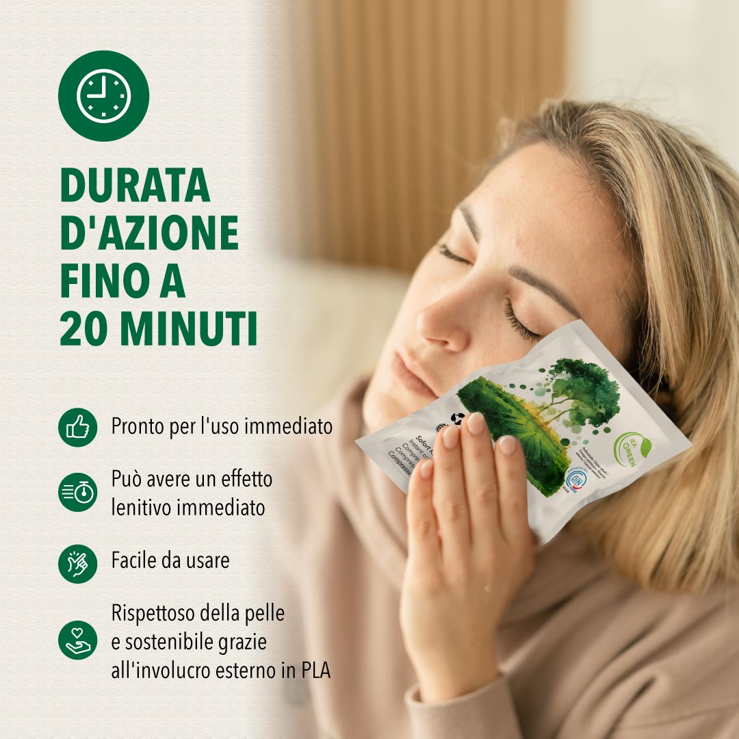 Donna con impacco freddo sul viso. Simboli: pronto all'uso, lenitivo, delicato sulla pelle, sostenibile.