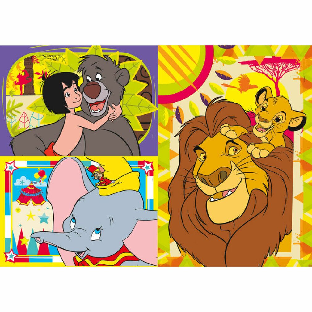 Puzzle Disney. 3 puzzle da 48 pezzi ciascuno. Immagini: Simba, Dumbo, Baloo e Mowgli. Marca: Clementoni.