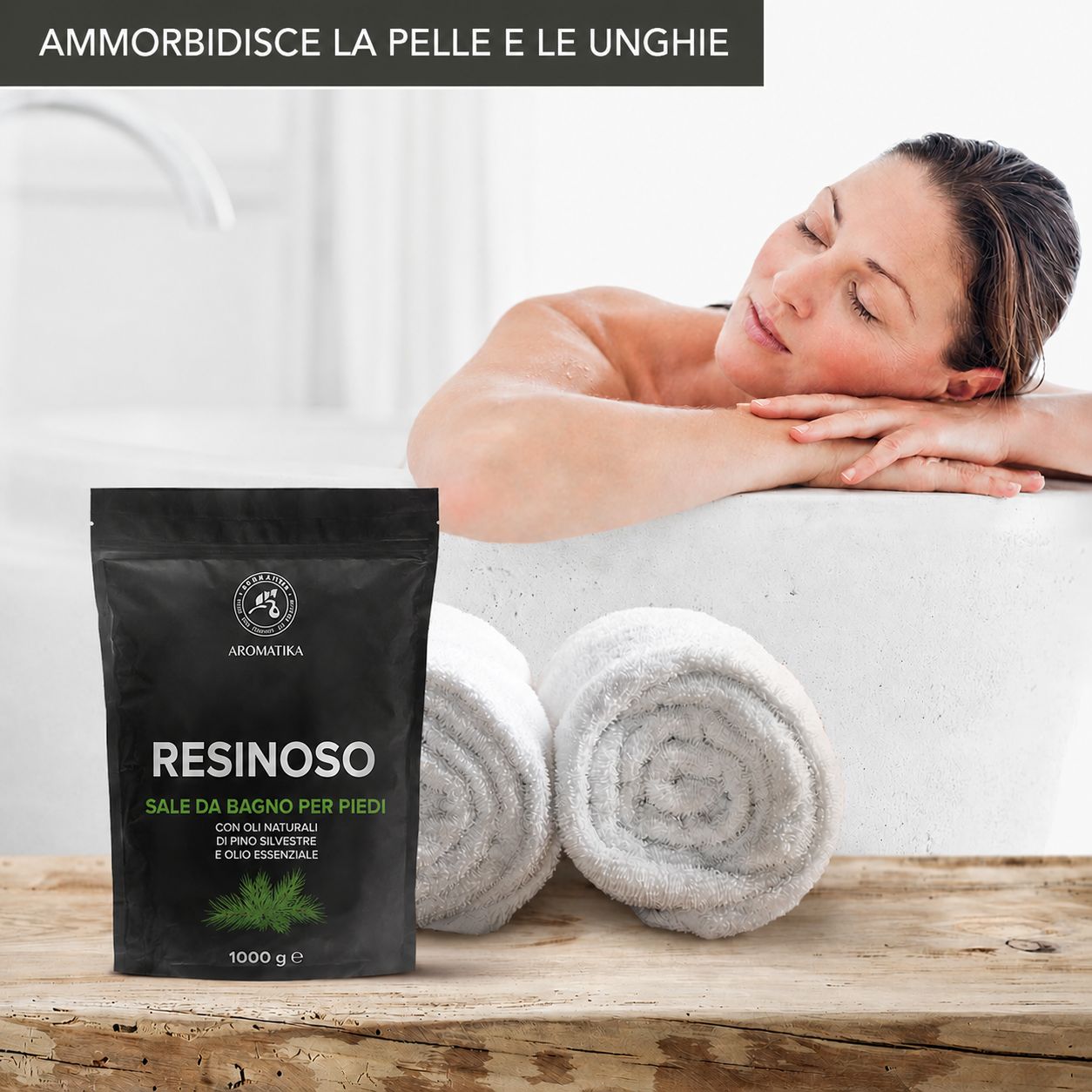 Busta nera di sale da bagno per piedi, 1000g. Contiene olio di pino silvestre e olio essenziale.