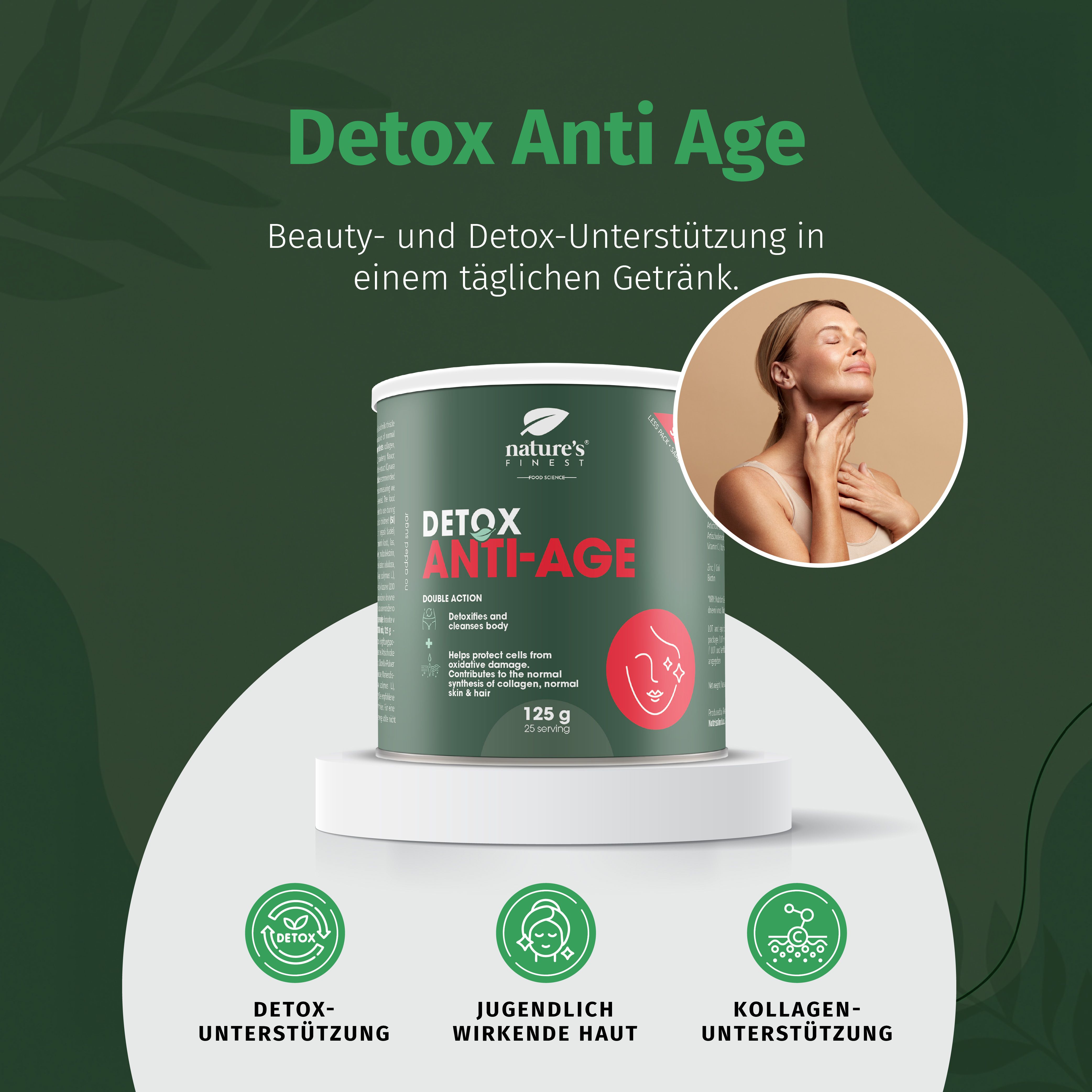 Barattolo di polvere Nature's Finest Detox Anti-Age su piedistallo, con icone per detox, pelle giovane e collagene.