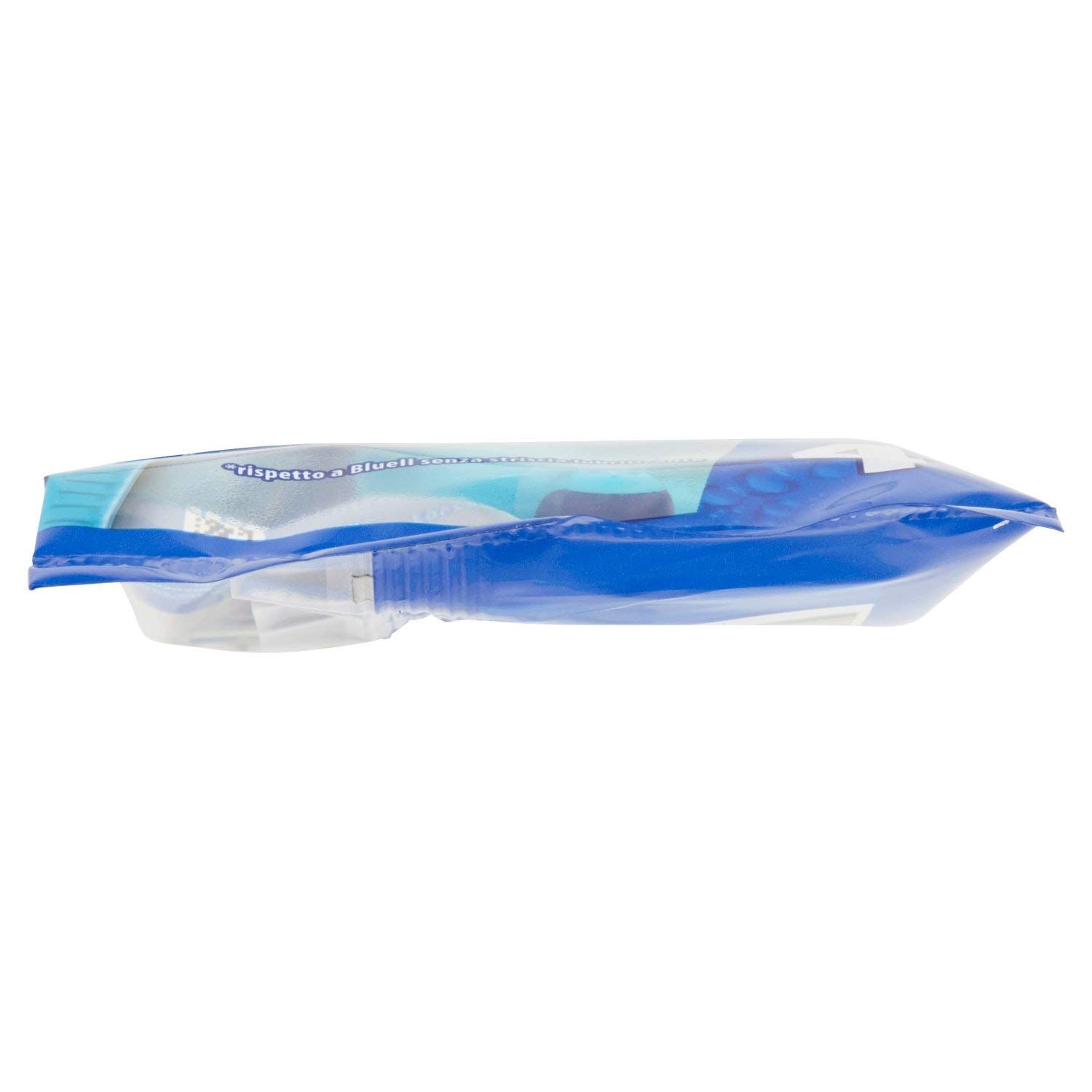 Vista dall'alto della confezione. Confezione blu con prodotto. Nome del prodotto Gillette Blue II Slalom. Bordi sigillati.