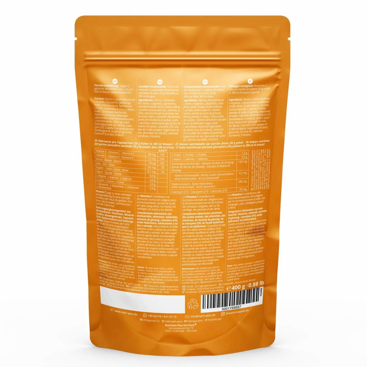 Retro di un sacchetto di nutri+ Vegan Collagen Polvere, con informazioni nutrizionali e lista ingredienti.
