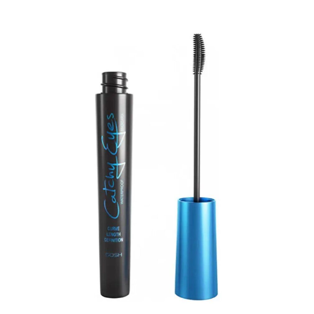 Tubo di mascara nero e spazzola. Scritta blu: Catchy Eyes, Waterproof. Tappo blu. Spazzola nera.