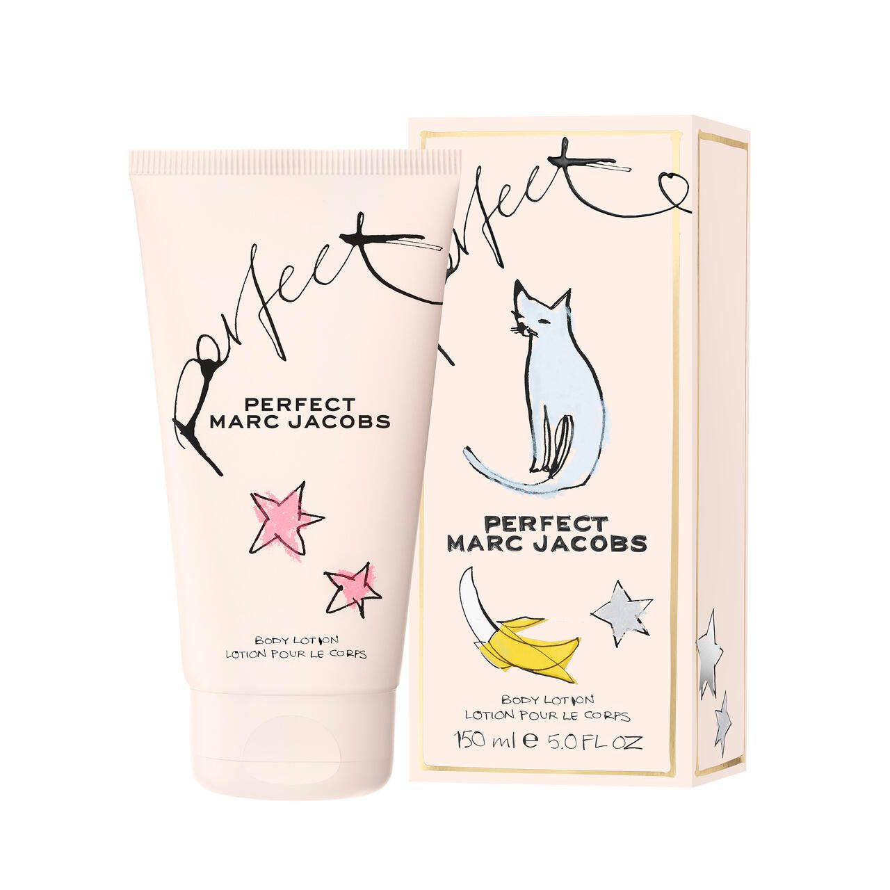 Tubo e scatola beige. Scritta "Perfect MARC JACOBS". Gatto, banana e stelle. Testo: "Body Lotion".
