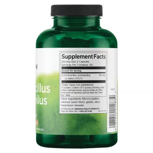 Retro del flacone verde. Etichetta con informazioni nutrizionali. Contiene Lactobacillus acidophilus. Elenco ingredienti e contatti.