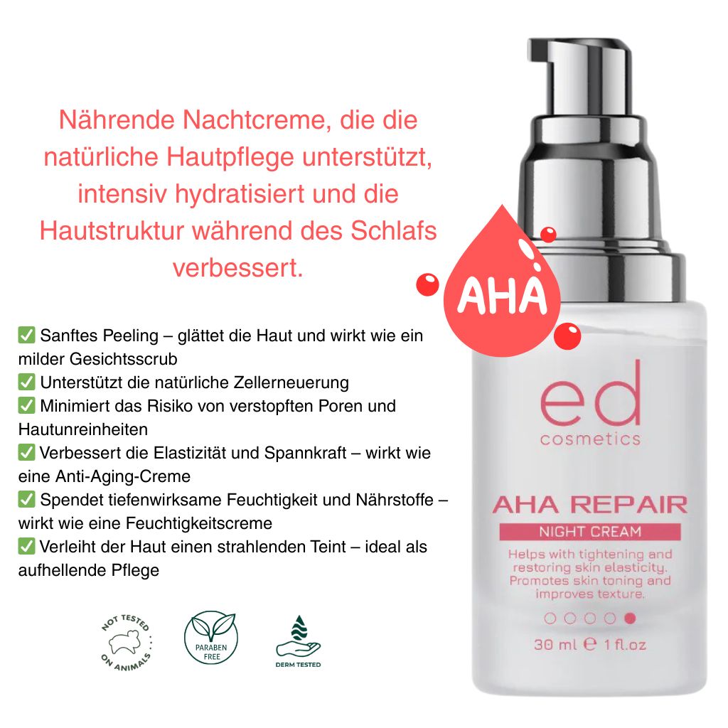 Flacone di crema con erogatore. Goccia rossa AHA. Scritta: ed cosmetics, AHA REPAIR NIGHT CREAM. 30 ml.
