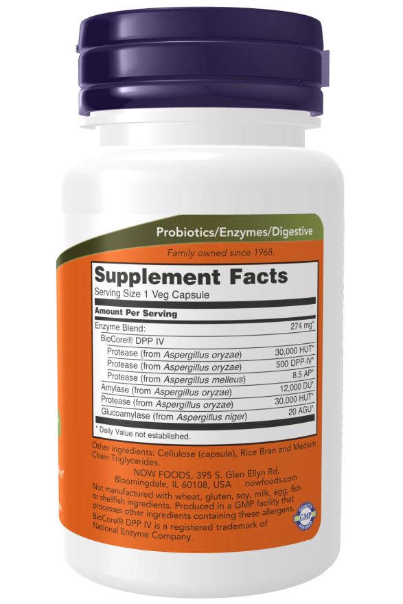 Retro del flacone. Scritta: Supplement Facts, Enzyme Blend, ingredienti, NOW FOODS, certificazione GMP.