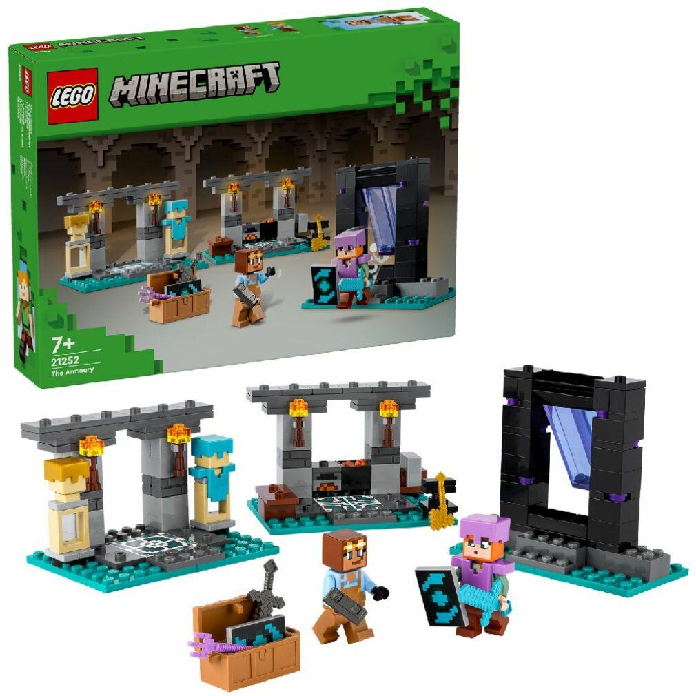Set LEGO Minecraft. Il set mostra personaggi, armi ed edifici. Età consigliata 7+. La confezione è sullo sfondo.