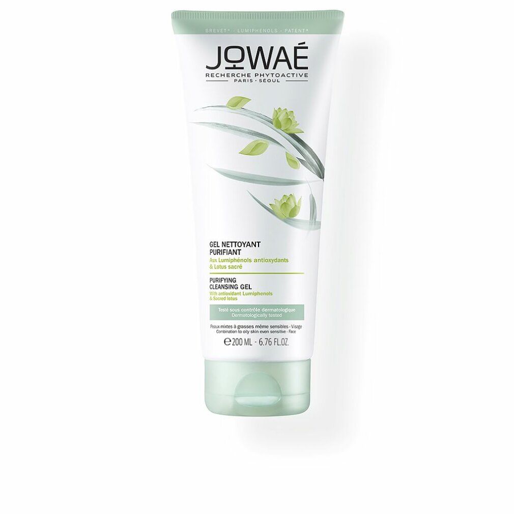 Tubo bianco e verde con logo JOWAE e nome del prodotto. Testo: Gel Nettoyant Purifiant, Purifying Cleansing Gel. 200ml.