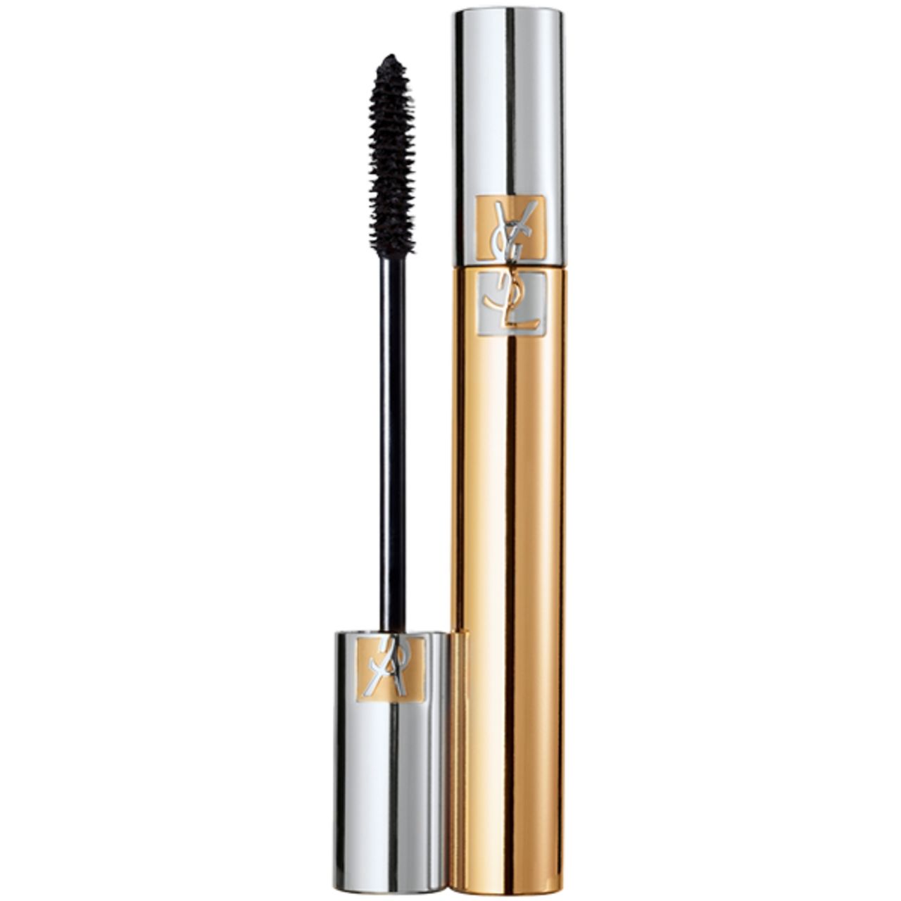 Mascara con tubo dorato e argento, spazzola nera. Logo YSL visibile. Spazzola estratta.