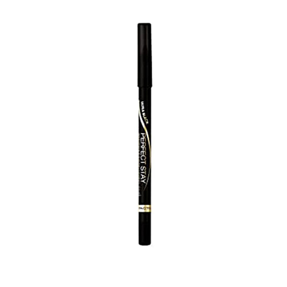 Matita kajal nera con cappuccio nero. Scritta: PERFECT STAY, ULTRA BLACK. Dettagli dorati.