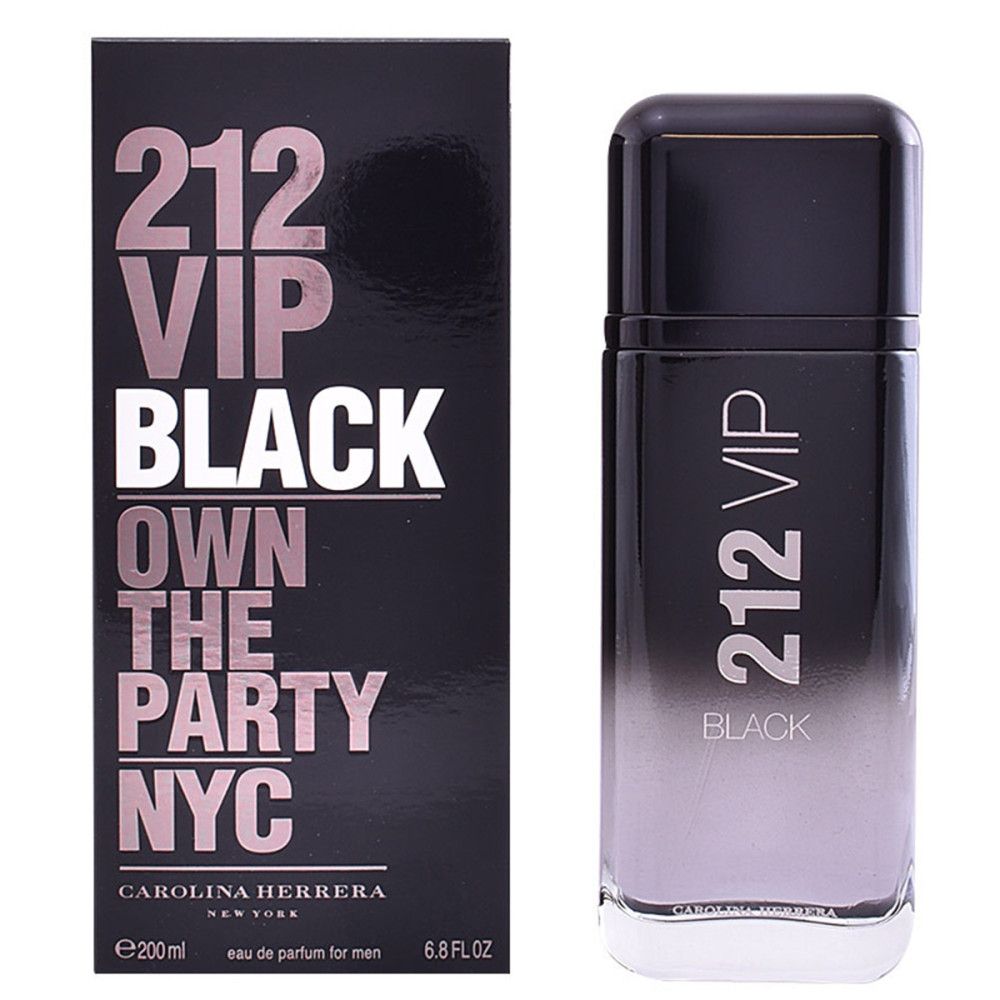 Flacone e confezione neri. Scritta: 212 VIP BLACK, Carolina Herrera. Flacone con sfumatura di colore.