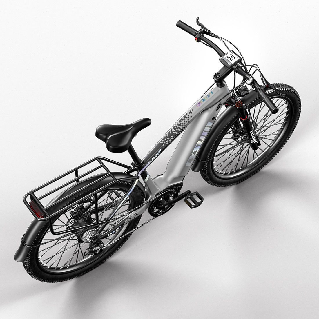 Vista dall'alto di una bicicletta elettrica argentata con pneumatici neri, portapacchi e parafanghi. Il manubrio ha un display.