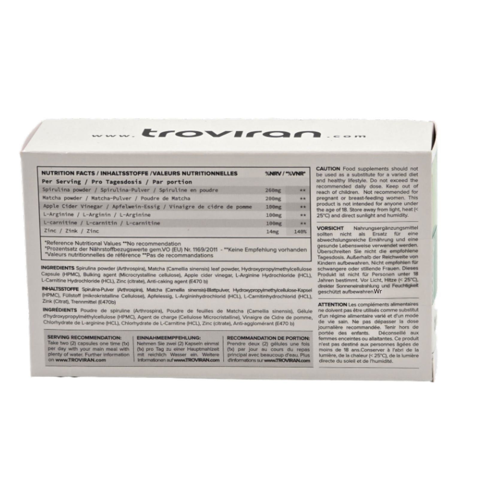 Retro della confezione con informazioni nutrizionali e ingredienti. Testo in tedesco, inglese e francese. Contiene avvertenze.