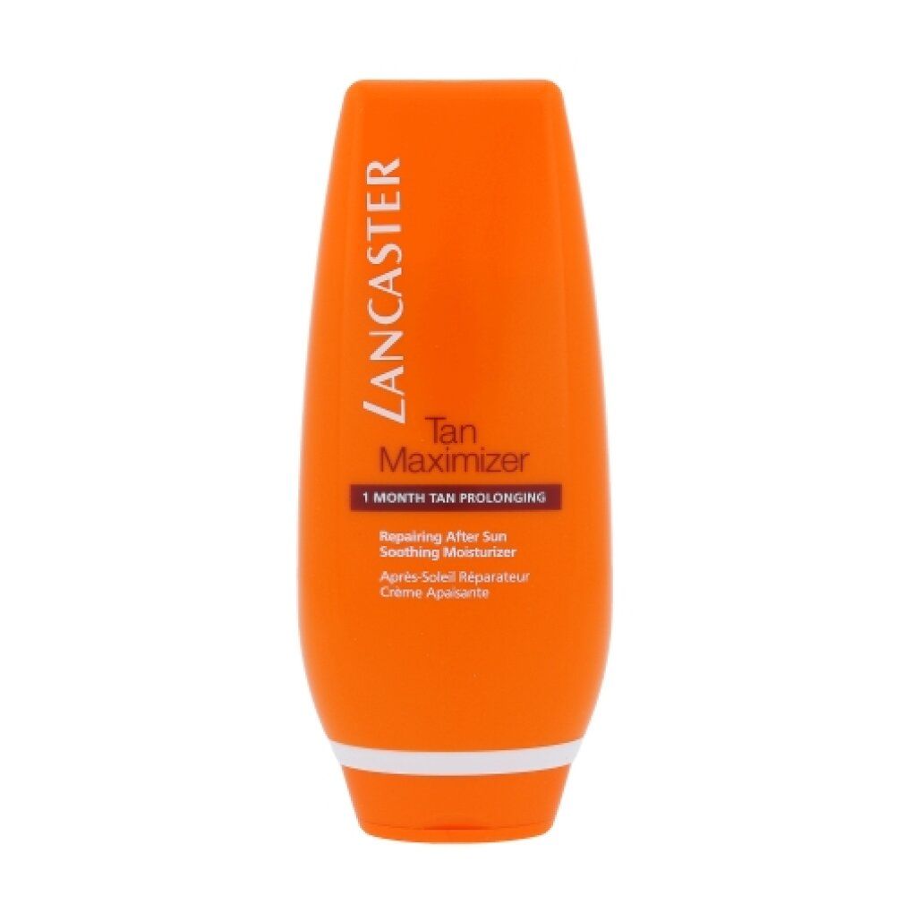 Tubo arancione. Scritta: Lancaster, Tan Maximizer, 1 Month Tan Prolonging, Repairing After Sun Soothing Moisturizer.