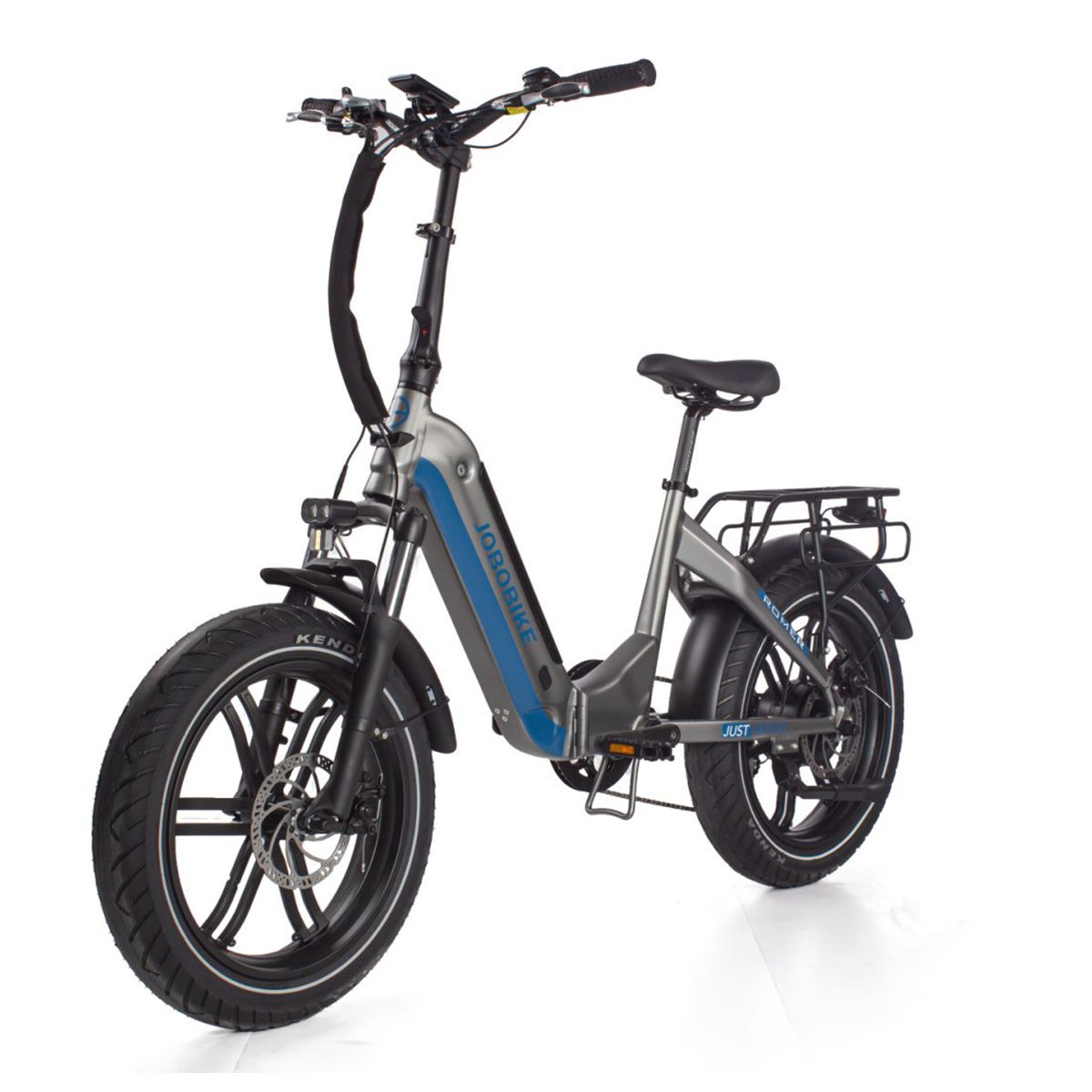 E-bike pieghevole grigio-blu. Pneumatici neri, portapacchi, sella. Logo JOBOBIKE.