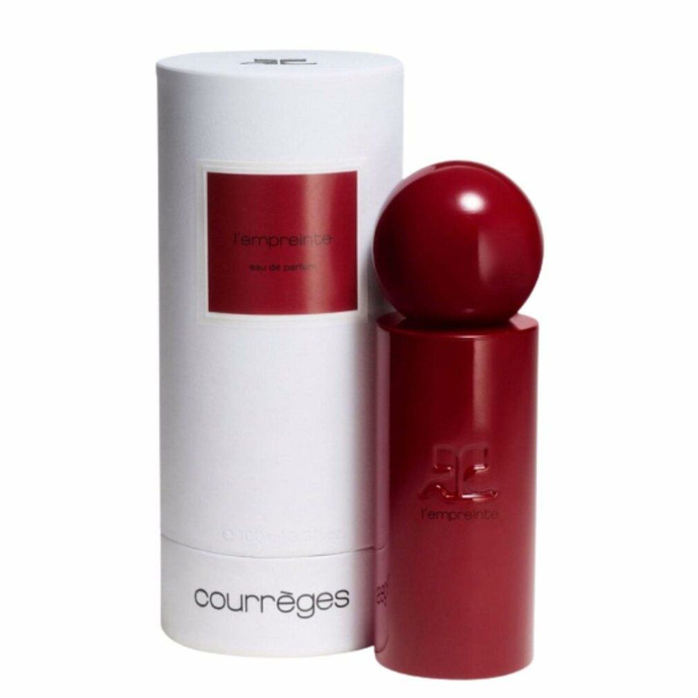 Flacone rosso e confezione bianca. Scritta: Courrèges, l'Empreinte Eau De Parfum Spray. Tappo rotondo. Confezione cilindrica.