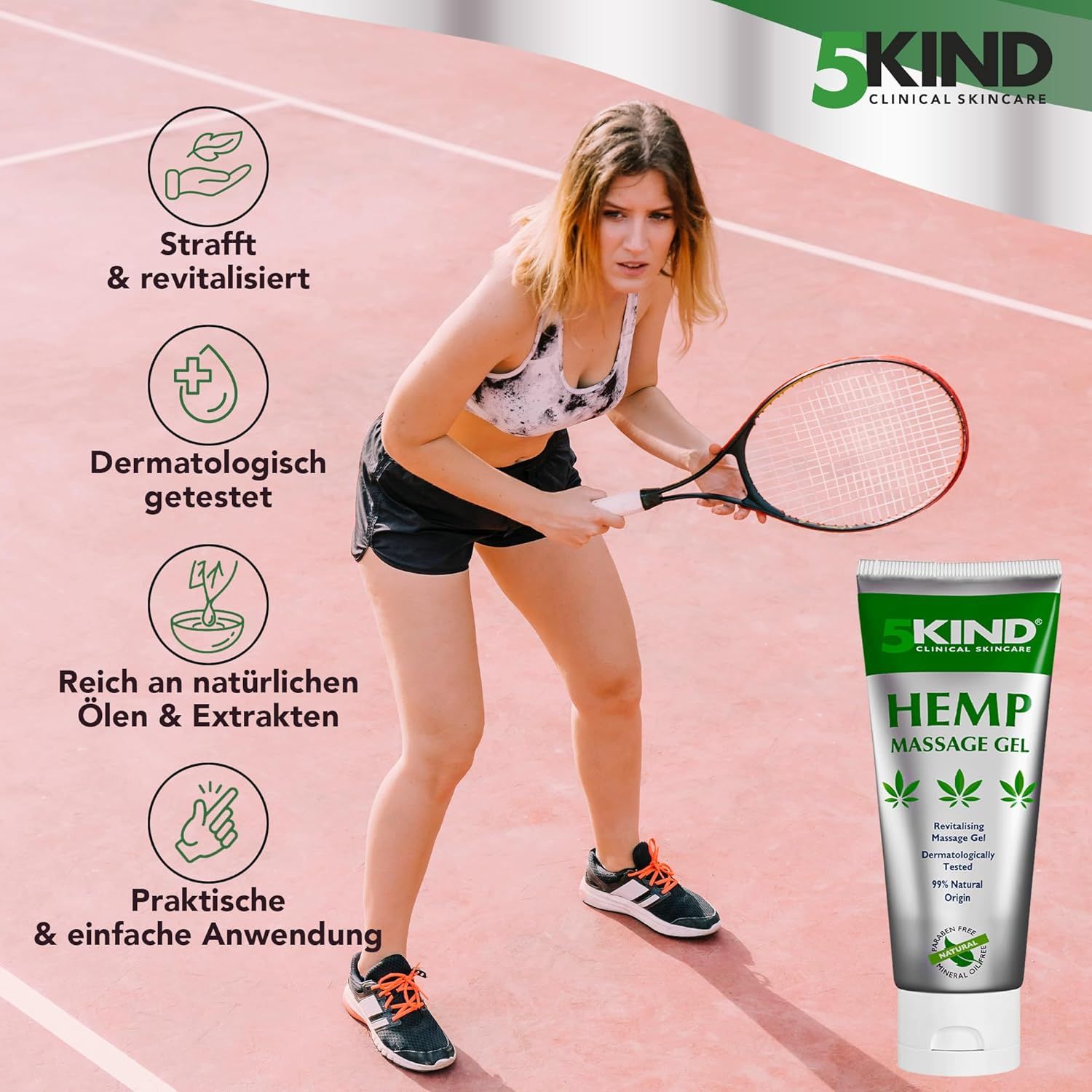 Donna con racchetta da tennis. Tubo di gel al 5kind Hemp. Testo: Rassoda e rivitalizza, Dermatologicamente testato, Ricco di oli naturali.