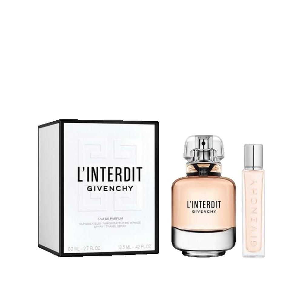 Set regalo con flacone, vaporizzatore e scatola. Flacone con scritta L'Interdit Givenchy. Scatola con logo e scritta L'Interdit.