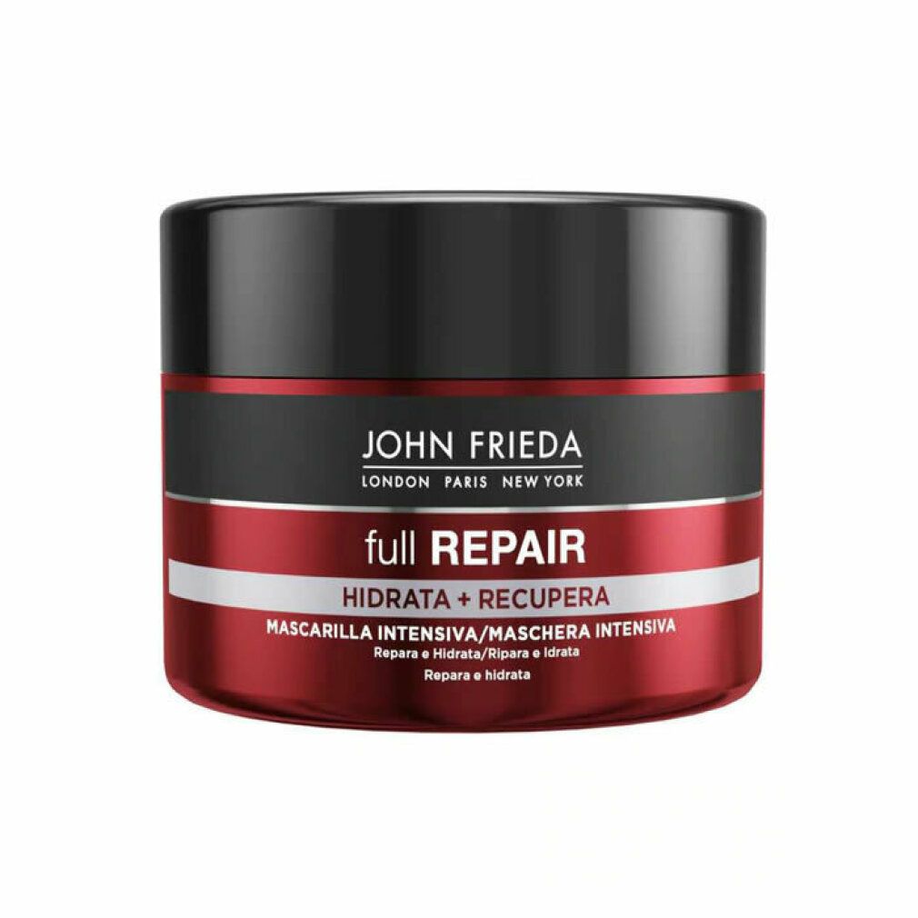 Vaso rosso con coperchio nero. Scritta: John Frieda, full Repair, Hidrata + Recupera, Mascarilla Intensiva. Testo bianco.